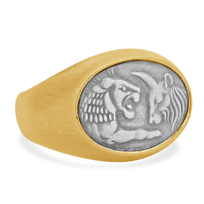 David Yurman 22 Karat Yellow Gold and Sterling Silver Petrvs Lion and Ox Ring