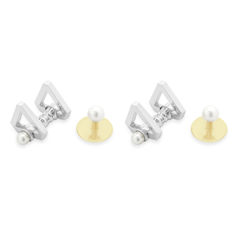 Tiffany & Co. Platinum Triangle Cufflinks and 18k Yellow Gold 5mm Pearl Studs Tuxedo Set