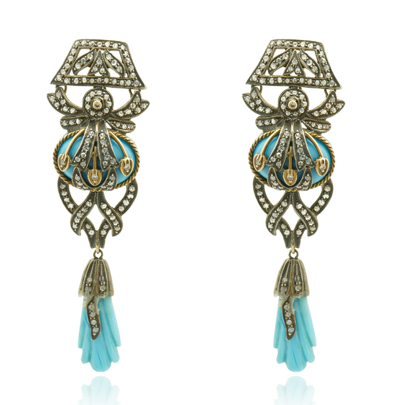Silver & Gold Turquoise & Diamond Earrings