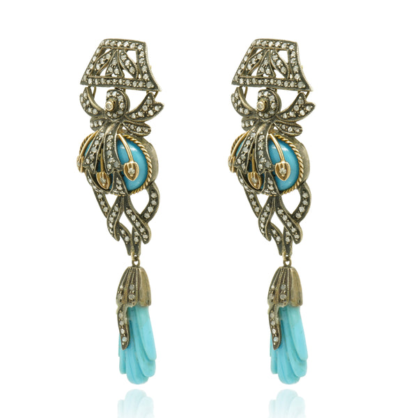 Silver & Gold Turquoise & Diamond Earrings