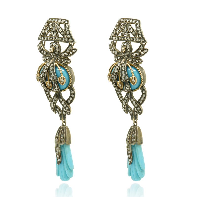 Silver & Gold Turquoise & Diamond Earrings