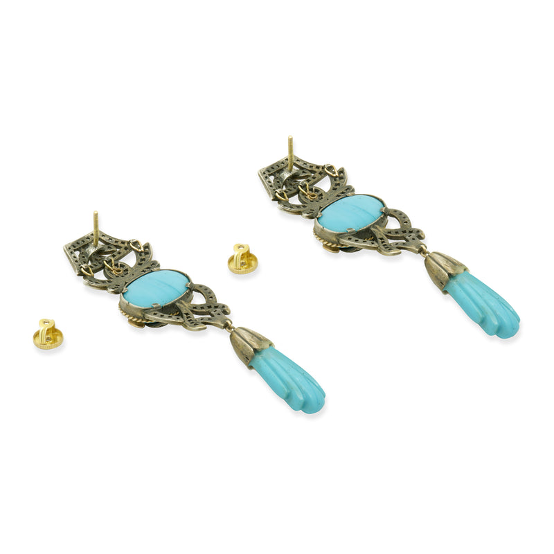 Silver & Gold Turquoise & Diamond Earrings