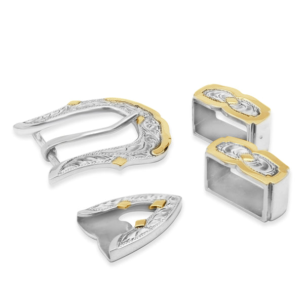 14K Yellow Gold & Sterling Silver Hand Carved Belt Buckle