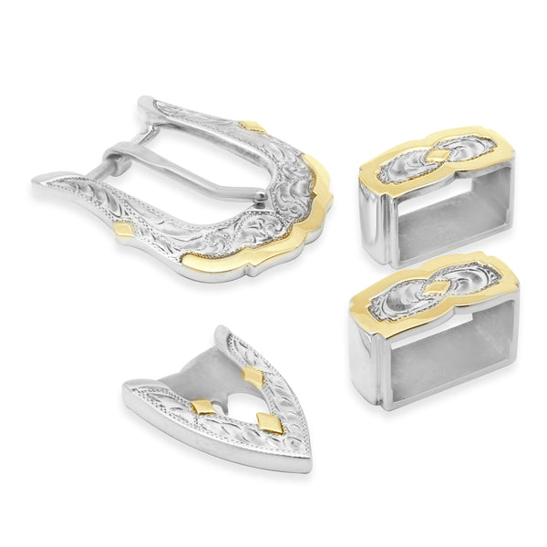14K Yellow Gold & Sterling Silver Hand Carved Belt Buckle