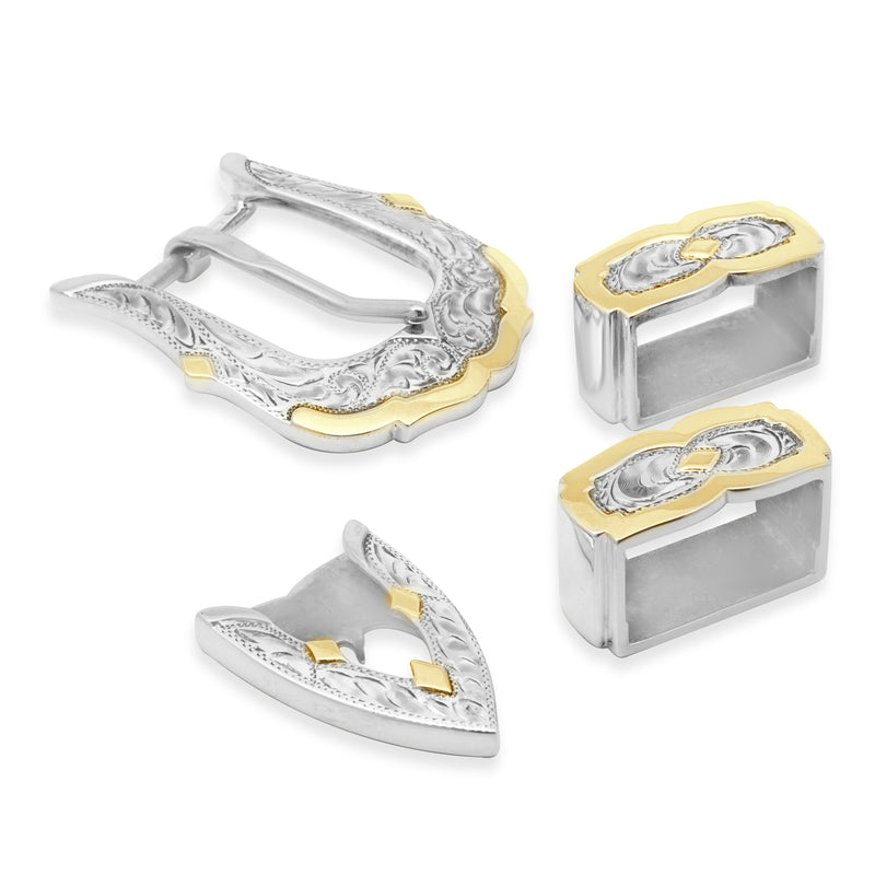 14K Yellow Gold & Sterling Silver Hand Carved Belt Buckle
