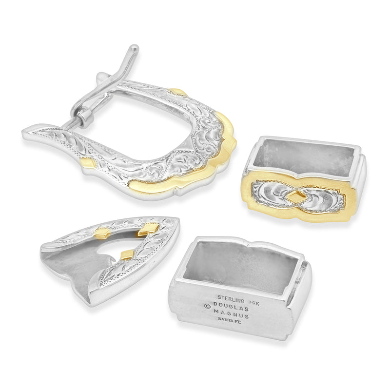 14K Yellow Gold & Sterling Silver Hand Carved Belt Buckle