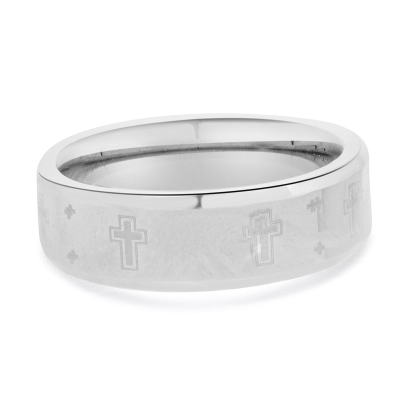 Tungsten Beveled 7MM Ring with Lasered Crosses