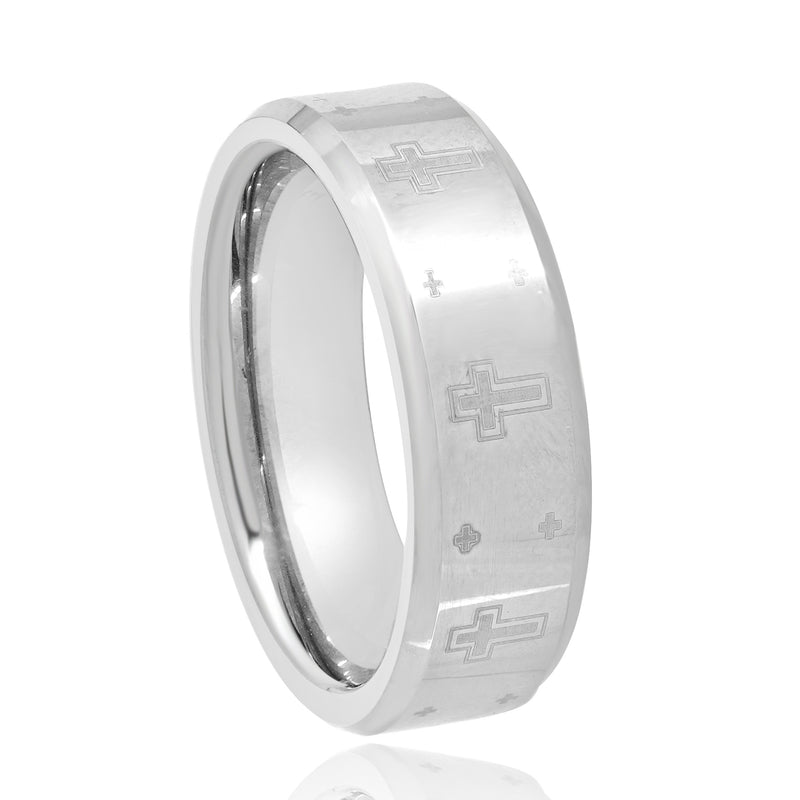 Tungsten Beveled 7MM Ring with Lasered Crosses