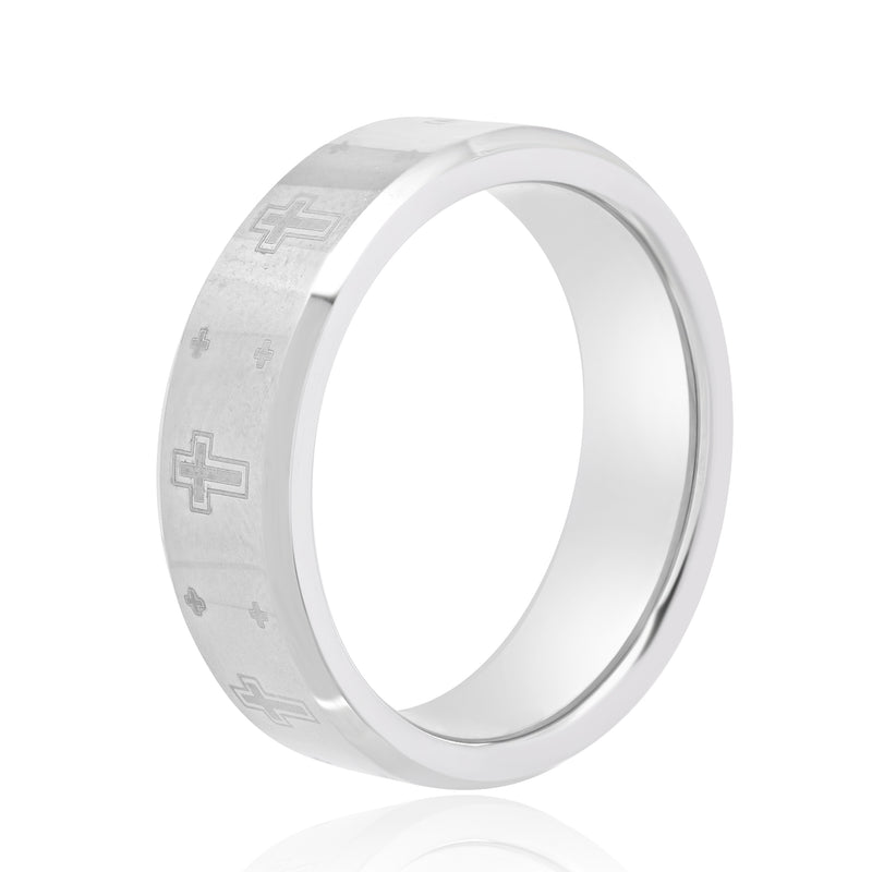 Tungsten Beveled 7MM Ring with Lasered Crosses