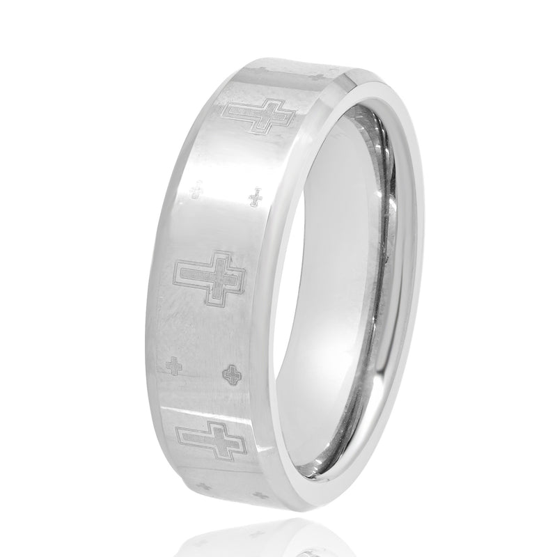 Tungsten Beveled 7MM Ring with Lasered Crosses