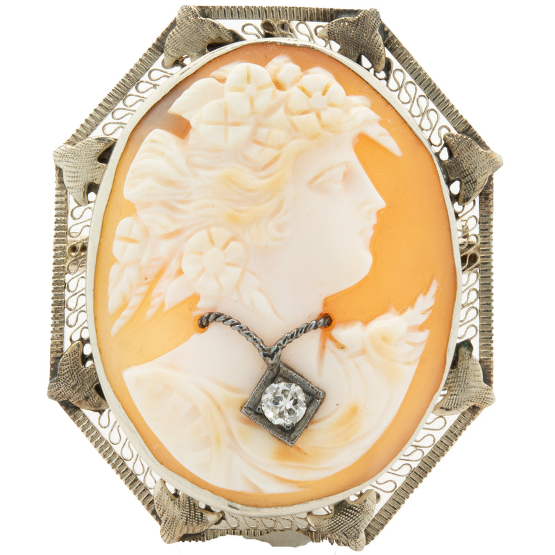 10 Karat Yellow Gold Diamond Cameo Pin