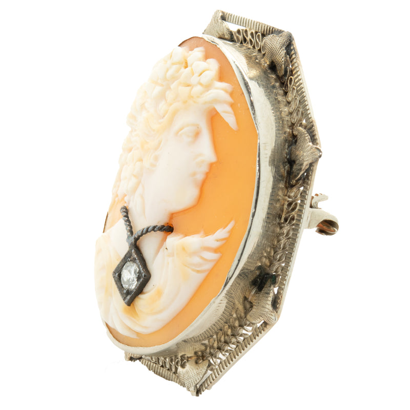 10 Karat Yellow Gold Diamond Cameo Pin