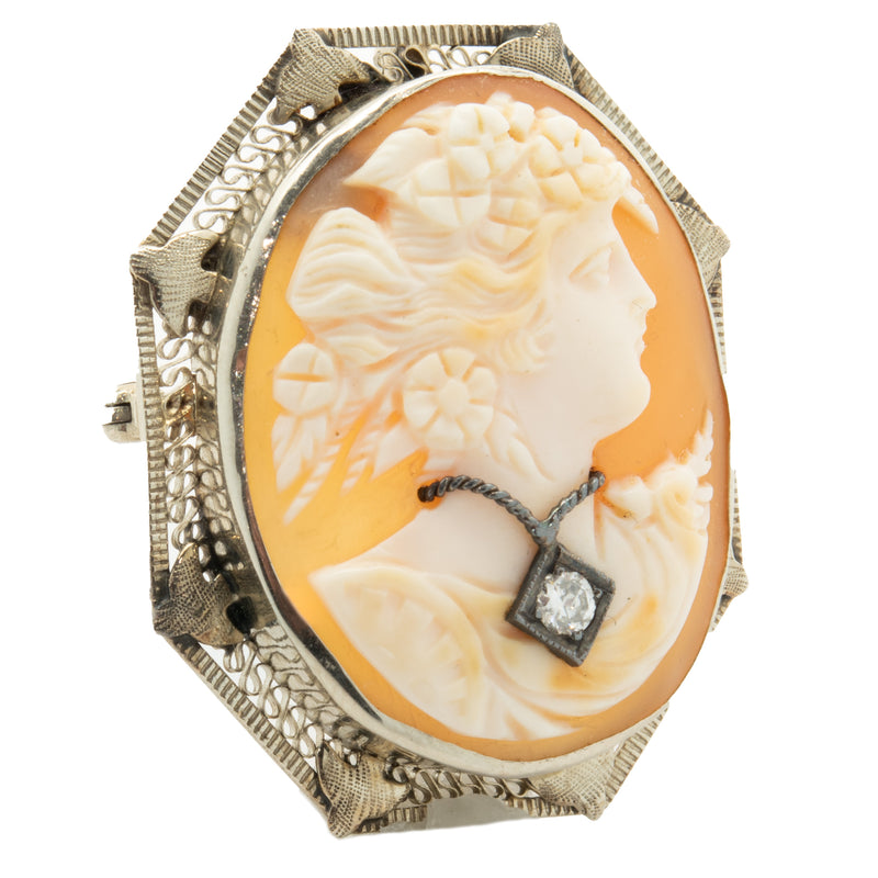 10 Karat Yellow Gold Diamond Cameo Pin