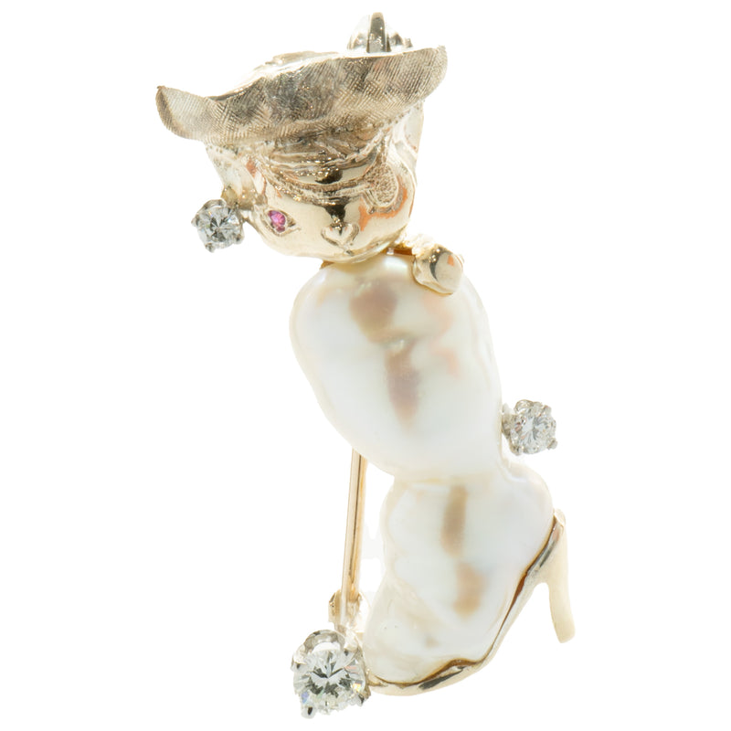 14 Karat Yellow Gold Puss & Boots Baroque Pearl and Diamond Pin