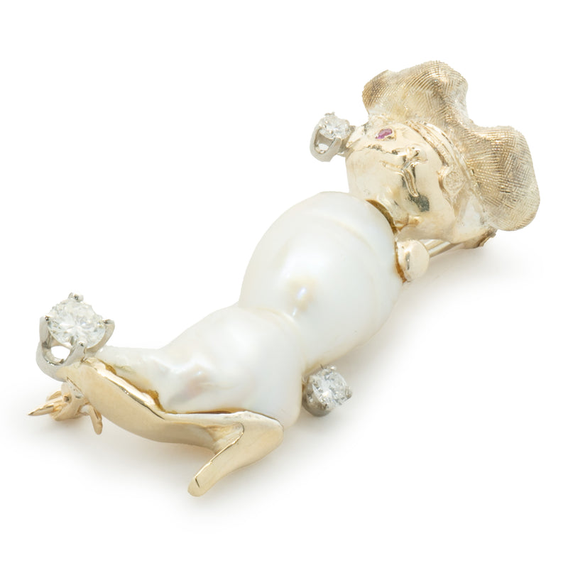 14 Karat Yellow Gold Puss & Boots Baroque Pearl and Diamond Pin