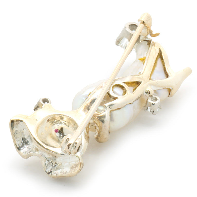14 Karat Yellow Gold Puss & Boots Baroque Pearl and Diamond Pin
