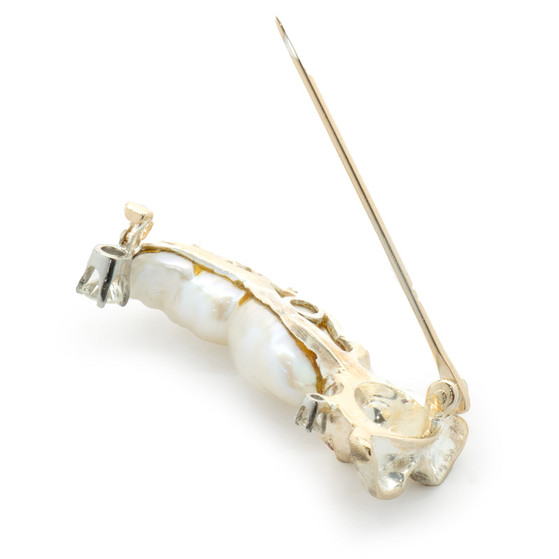 14 Karat Yellow Gold Puss & Boots Baroque Pearl and Diamond Pin