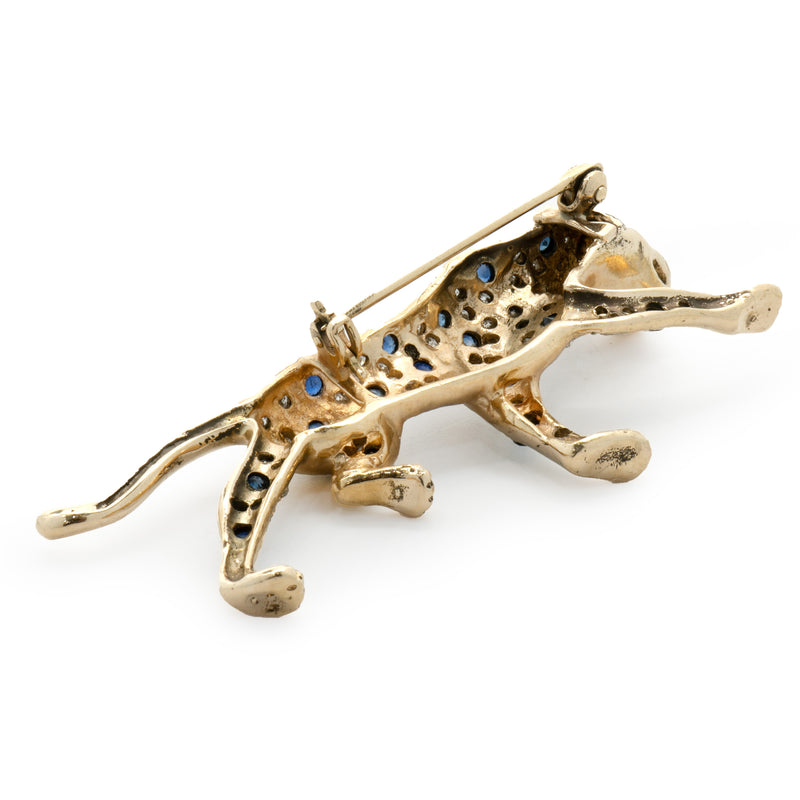 14 Karat Yellow Gold Pave Diamond and Sapphire Panther Pin
