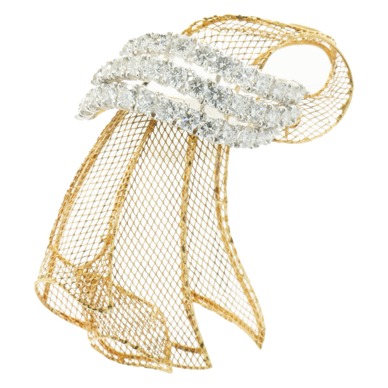 18 Karat Yellow Gold & Platinum Vintage Diamond Ribbon Pin