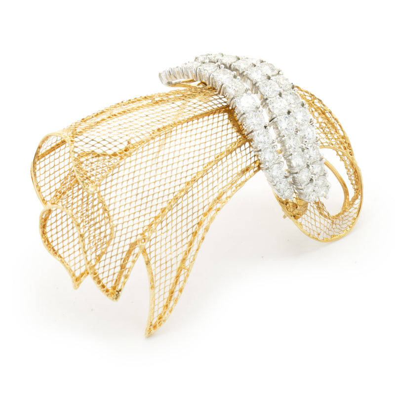 18 Karat Yellow Gold & Platinum Vintage Diamond Ribbon Pin