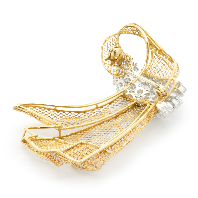 18 Karat Yellow Gold & Platinum Vintage Diamond Ribbon Pin