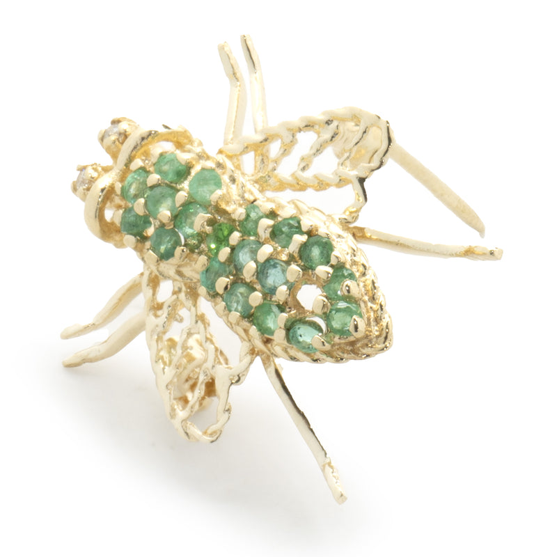 14 Karat Yellow Gold Diamond and Emerald Bee Pin
