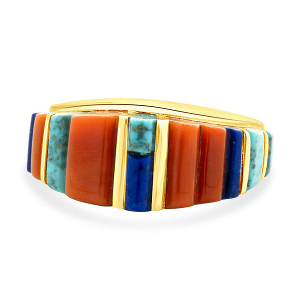 Native American Charles Laloma Designed Coral, Lapis, and Turquoise Inlay Dome Ring