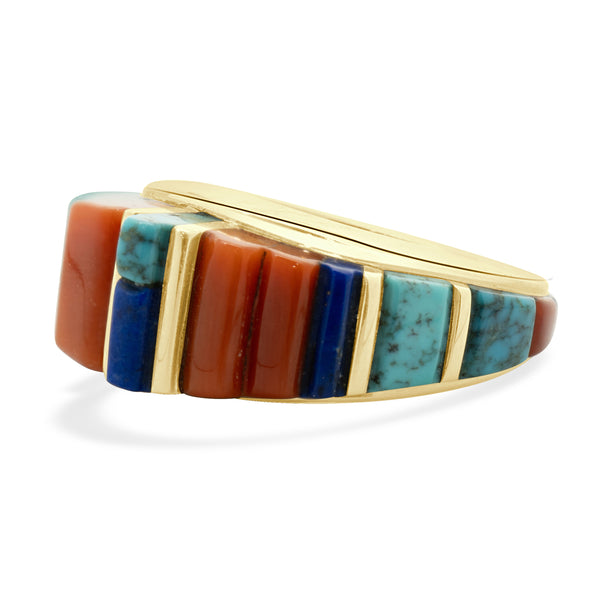 Native American Charles Laloma Designed Coral, Lapis, and Turquoise Inlay Dome Ring