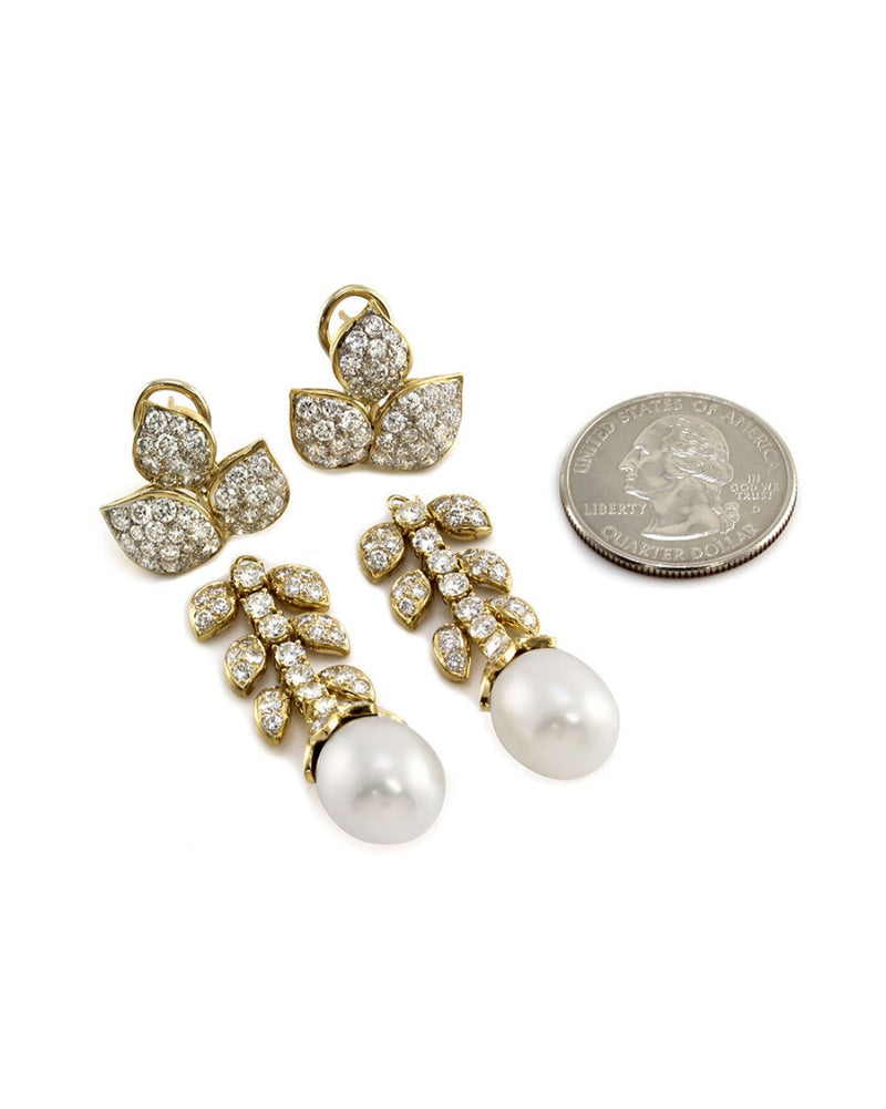 Pave Diamond and Pearl Detachable Dangle Earrings in Gold