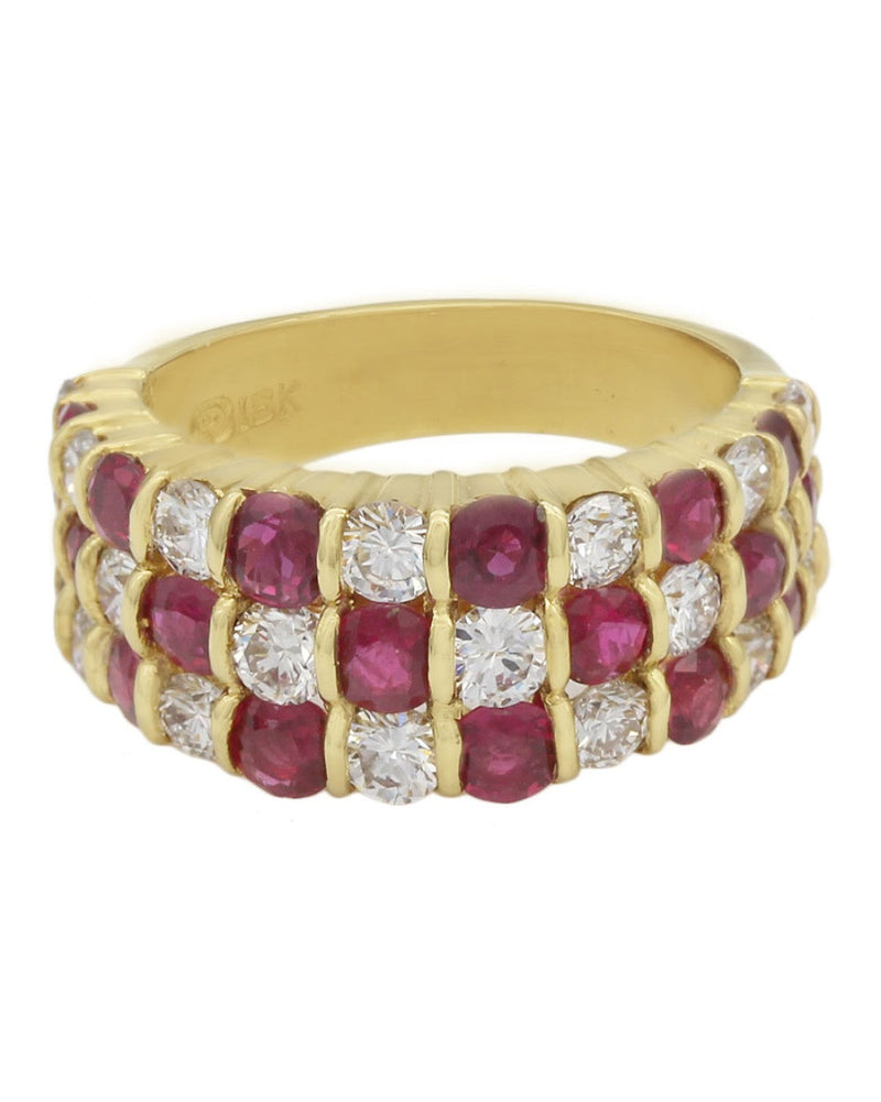 3 Row Alternating Ruby and Diamond Checkered Ring in Yellow Gold – The ...