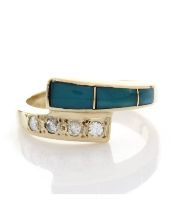 Turquoise Inlay and Diamond Bypass Ring