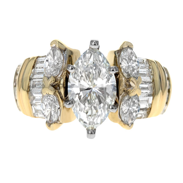 18K Yellow Gold Marquise Brilliant Cut Diamond Engagement Ring