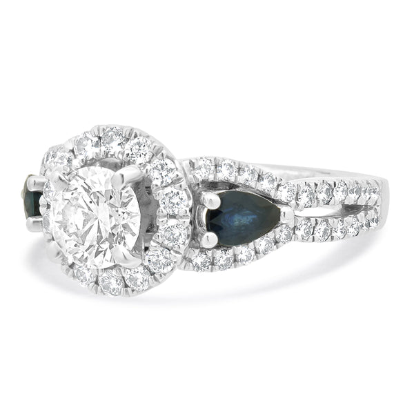 14 Karat White Gold Vera Wang Diamond Halo Engagement Ring with Sapphires