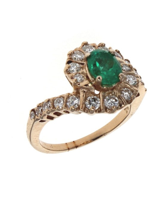 Emerald and Diamond Bypass Ring in Yellow Gold