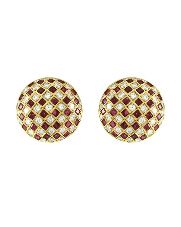 Ruby and Diamond Checkerboard Dome Clip On Earrings