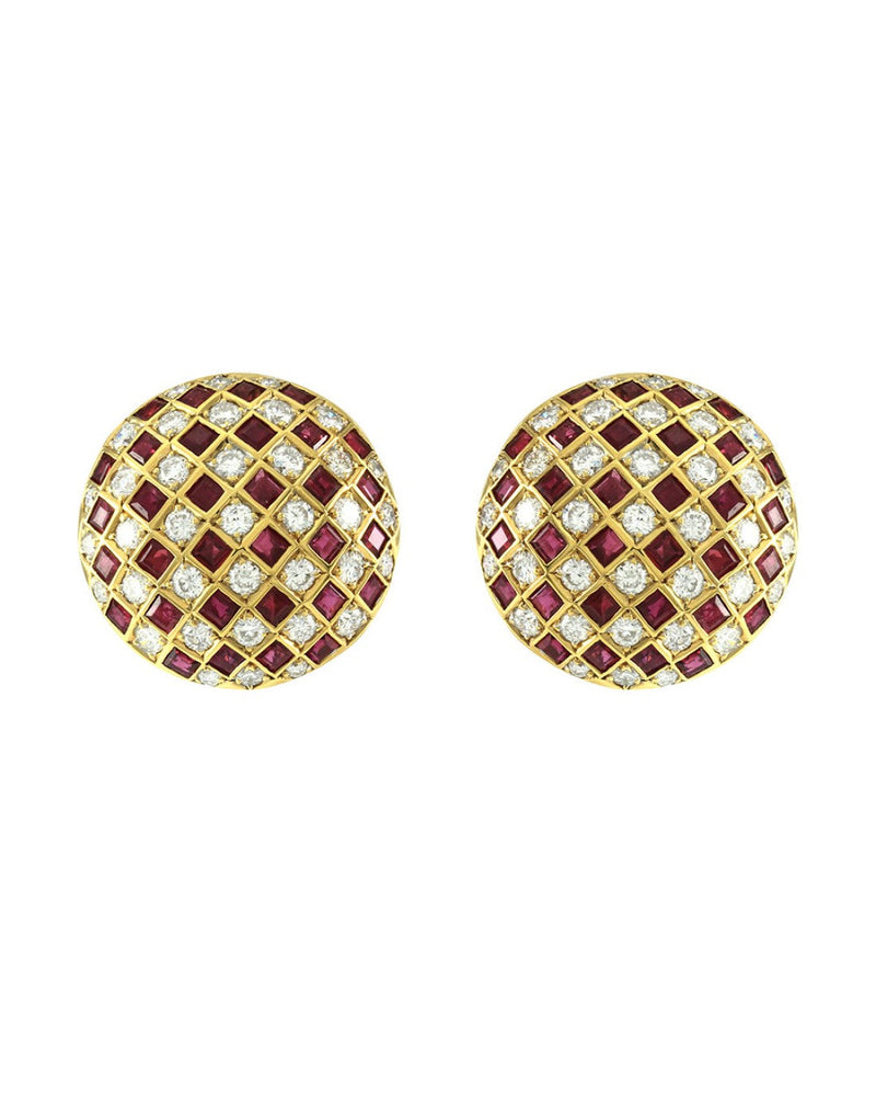 Ruby and Diamond Checkerboard Dome Clip On Earrings