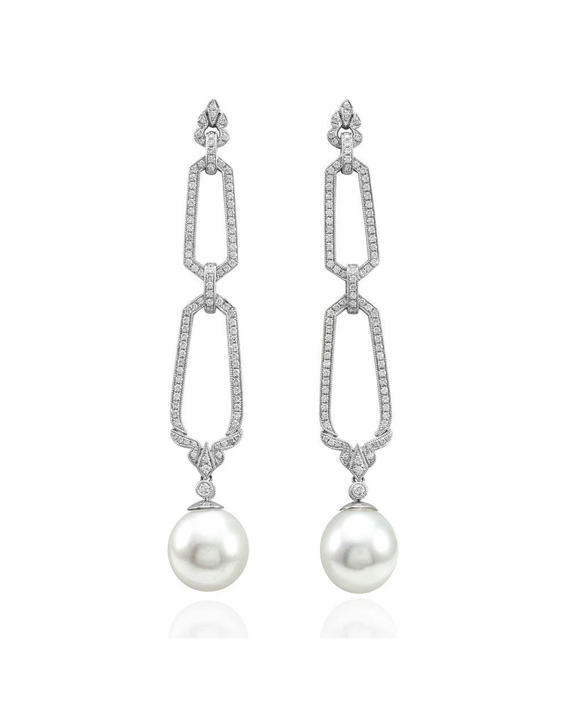 South Sea Pearl & Pave Diamond Milgrain Drop Dangle Earrings in 18K White Gold