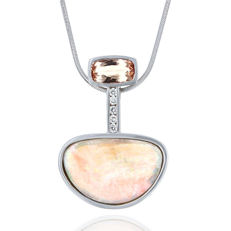 Topaz, Opal, and Diamond Drop Necklace in White Gold