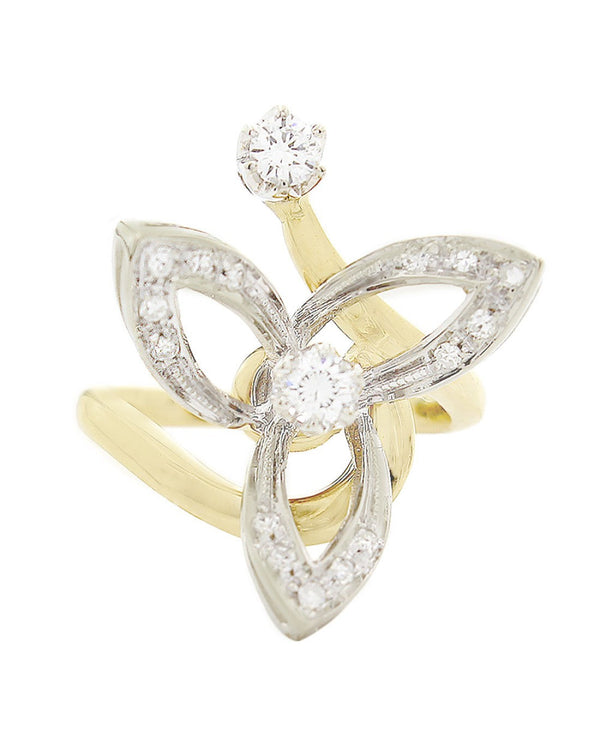 Open Leaf Motif Diamond Bypass Ring in Gold