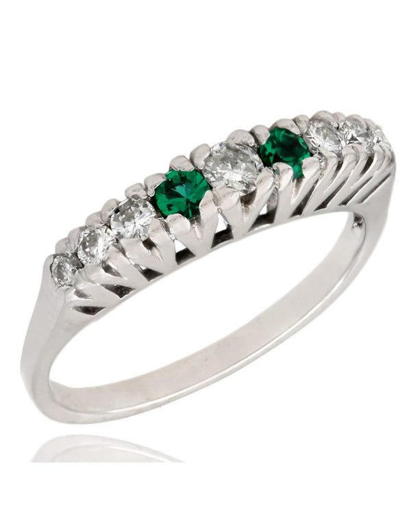 Prong Set Emerald and Diamond Band in 14k White Gold