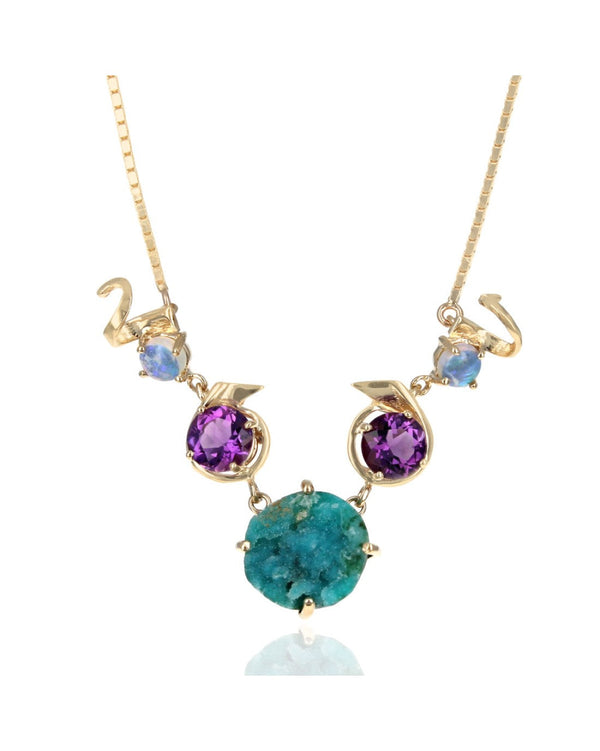 Chrysocolla Crystal, Amethyst and Opal Free Form Box Chain Necklace