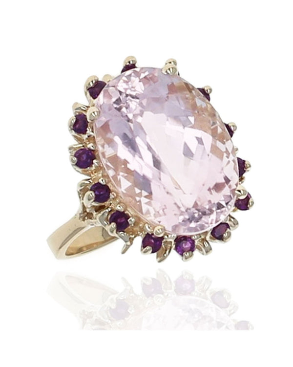15.78ct Oval Kunzite Ring w/ Amethyst Halo in 14K Yellow Gold