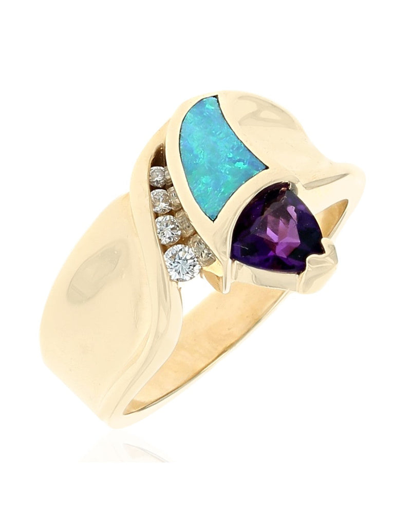 Trillion Amethyst, Opal Panel and Diamond Ring