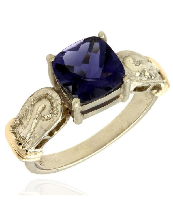 Iolite Cushion Scroll Accent Ring