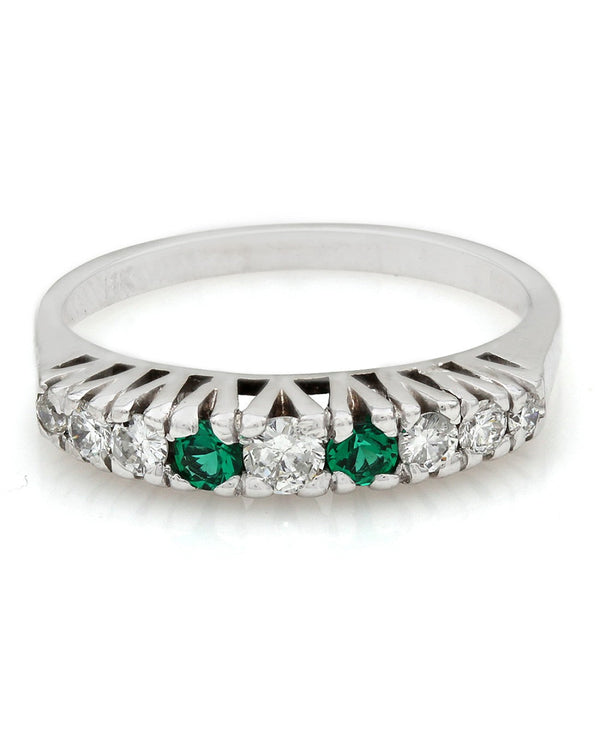 Prong Set Emerald and Diamond Band in 14k White Gold