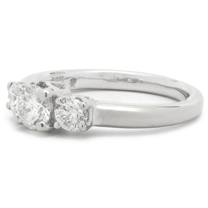 14 Karat White Gold Three Stone Round Brilliant Cut Diamond Engagement Ring