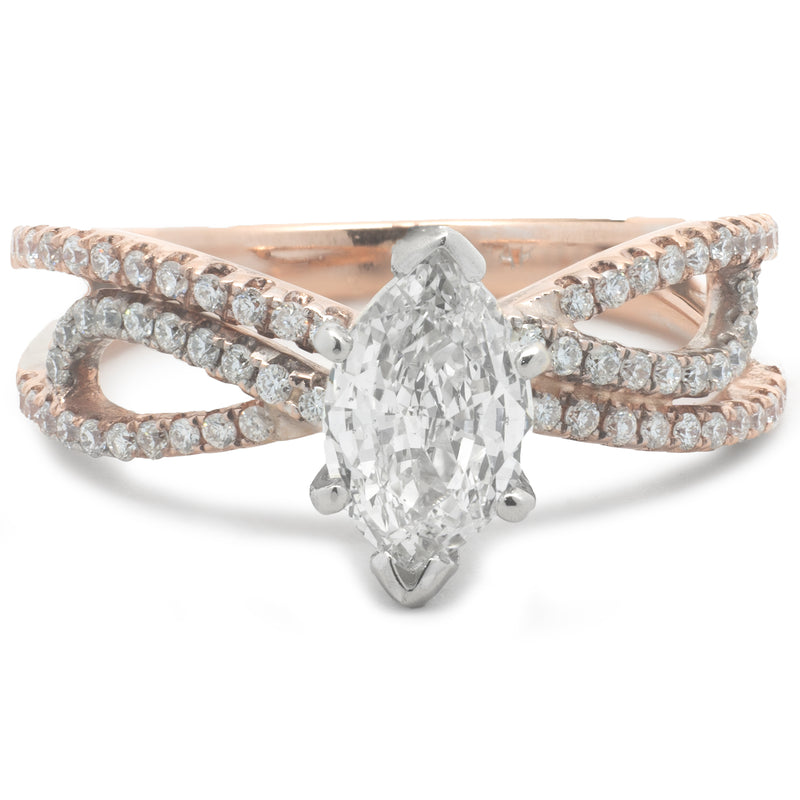14 Karat Rose and White Gold Marquise Cut Diamond Engagement Ring