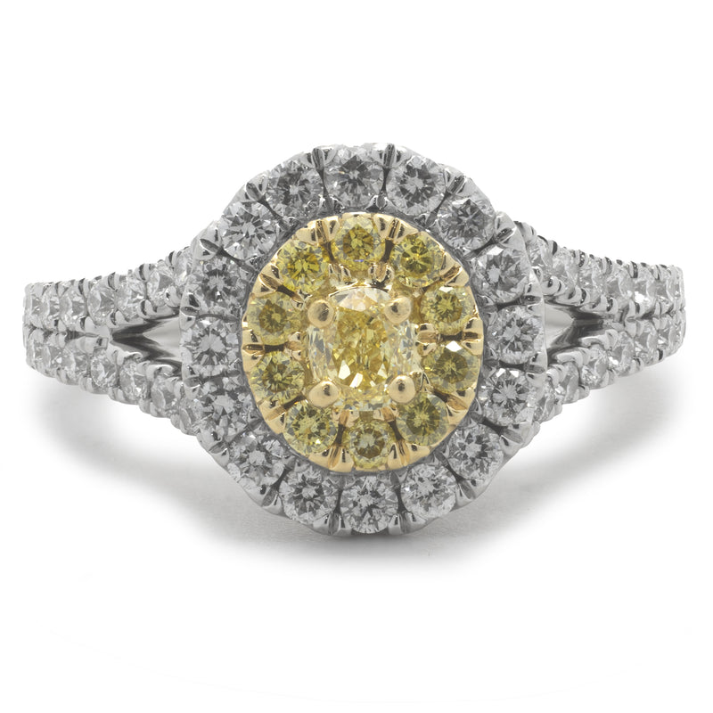 18 Karat White Gold Fancy Yellow and White Diamond Cluster Engagement Ring