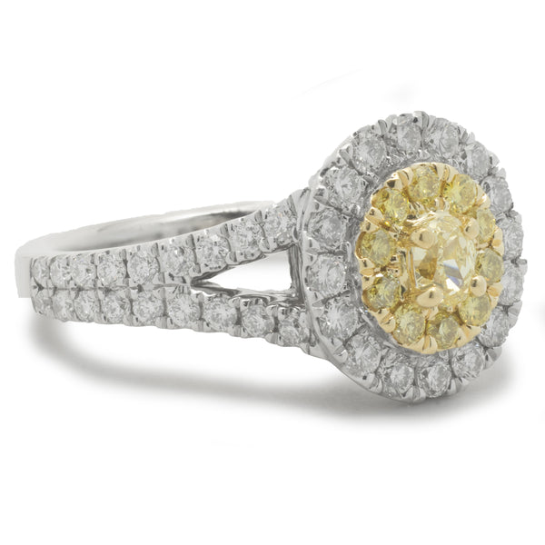18 Karat White Gold Fancy Yellow and White Diamond Cluster Engagement Ring