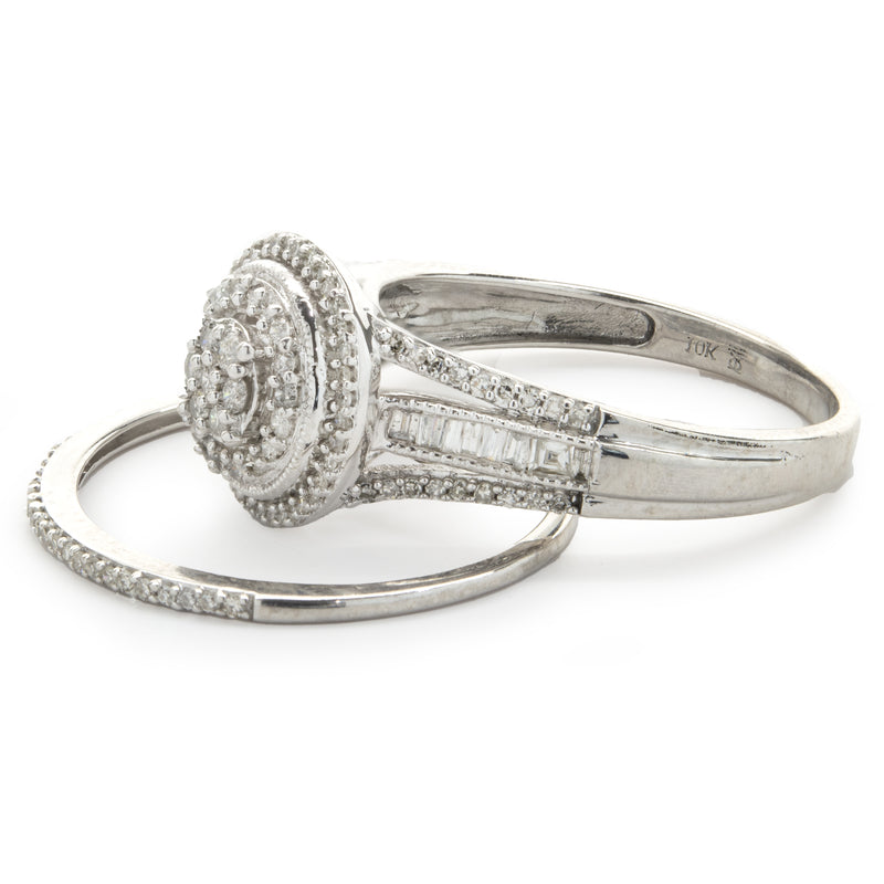 10 Karat White Gold Diamond Cluster Wedding Set